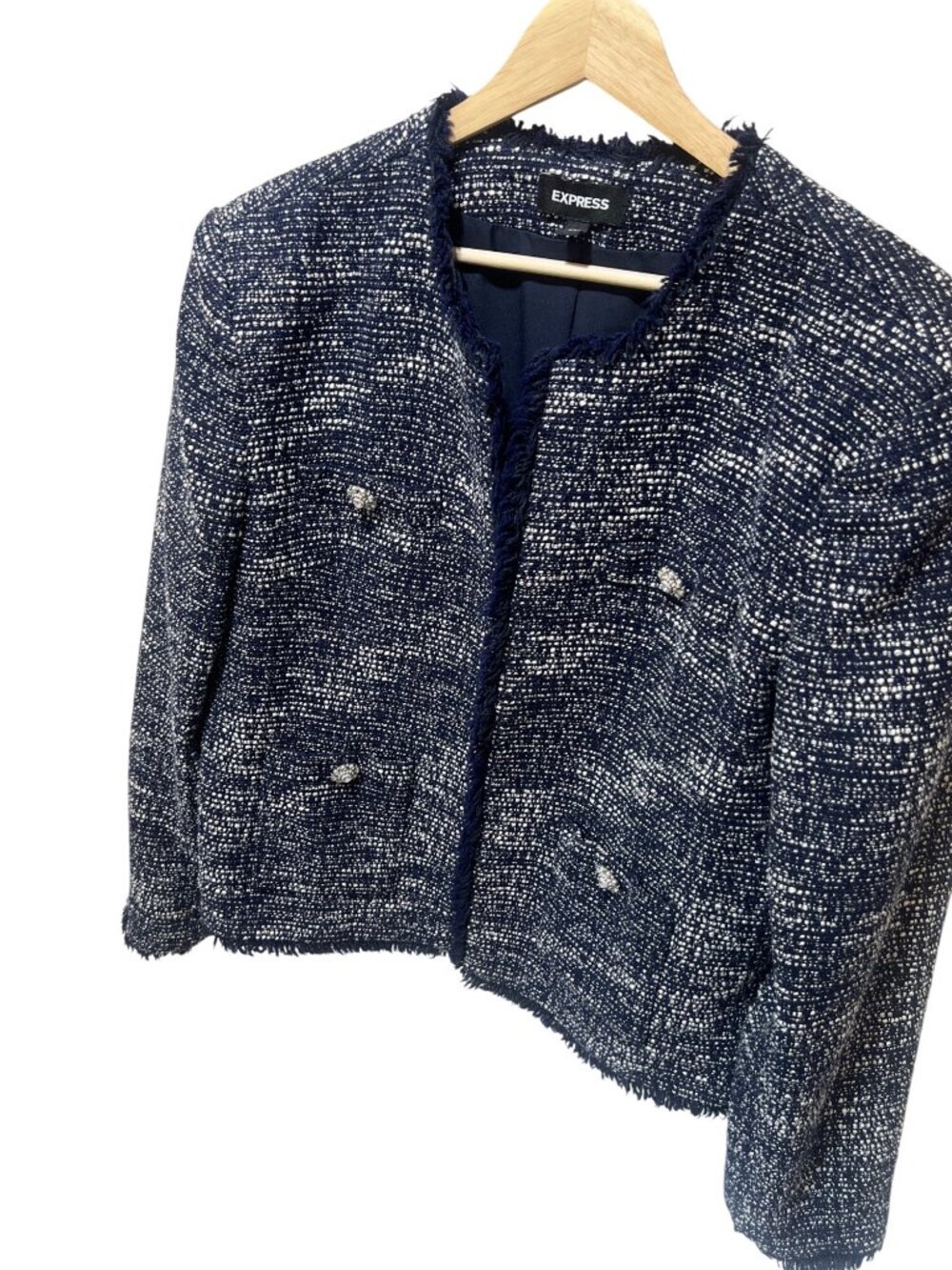 Express Navy & White Tweed Fringed Open-Front Blazer Womens Large